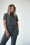 DT Amalia 2 piece ribbed lounge set loungewear in Charcoal grey, with pockets - Duckthreads