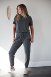 DT Amalia 2 piece ribbed lounge set loungewear in Charcoal grey, with pockets - Duckthreads