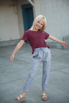 Girls Ribbed Tie Bottom Tee - Pink and Burgundy