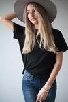black ribbed tee, short sleeves, modest top, Duckthreads