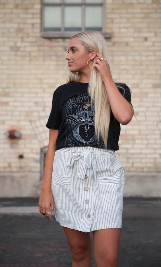 Coconut button Stripe Woven Skirt With Belt in Cream