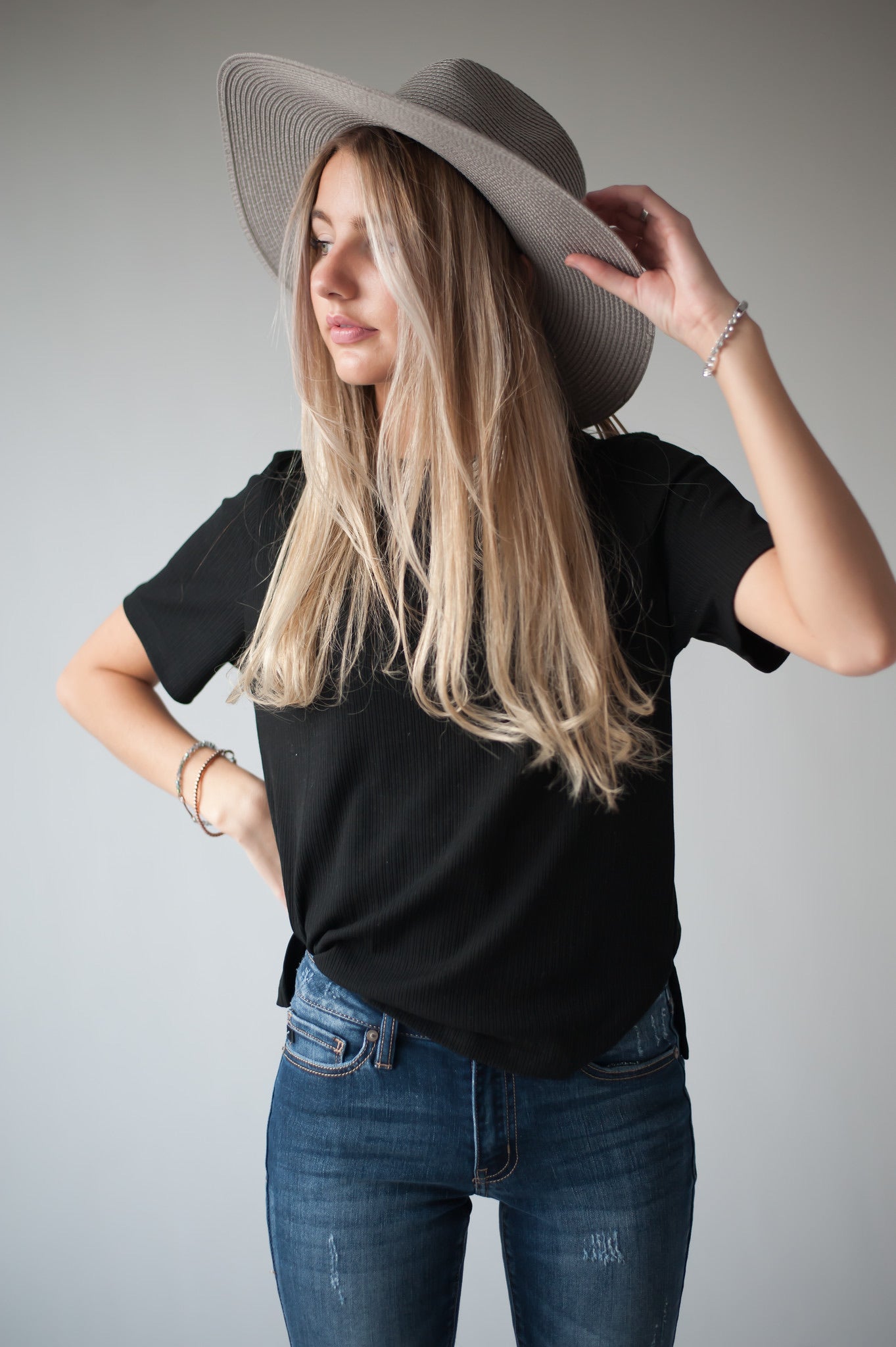 black ribbed tee, short sleeves, modest top, Duckthreads