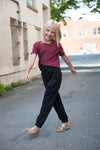Girls Ribbed Tie Bottom Tee - Pink and Burgundy