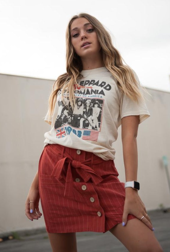 Coconut button Stripe Woven Skirt With Belt in Rust