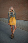 Coconut button Solid Woven Skirt With Belt in Mustard