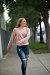 Waffle Knit Crew Neck Long Sleeve Thermal Tee in Pink