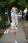 Coconut button Woven Skirt With Belt in Cream & Black Plaid - Duckthreads